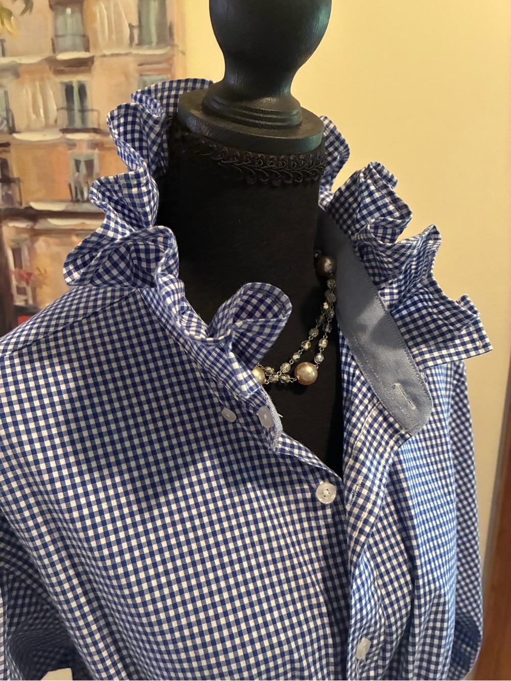 Nautica Blue and White Gingham Button-Down Shirt with Ruffle Collar - Picture 4 of 6